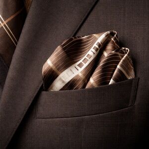 100% Silk Pocket Square 10”x10” Brown Cream Geometric Hand Made